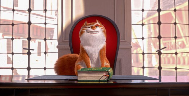An animated ginger cat sat in an office chair.