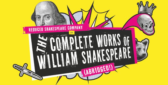 A vibrant yellow background with an image of Shakespeare, a skull and a bear. Text reads 'The Complete Works of William Shakespeare.'