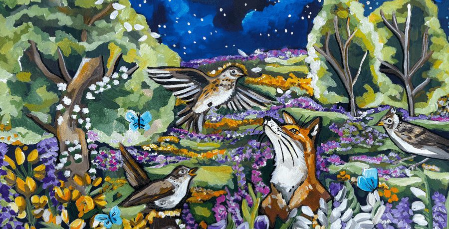 A colourful painting of a forest at night, showing a fox and two birds surrounded by flowers.