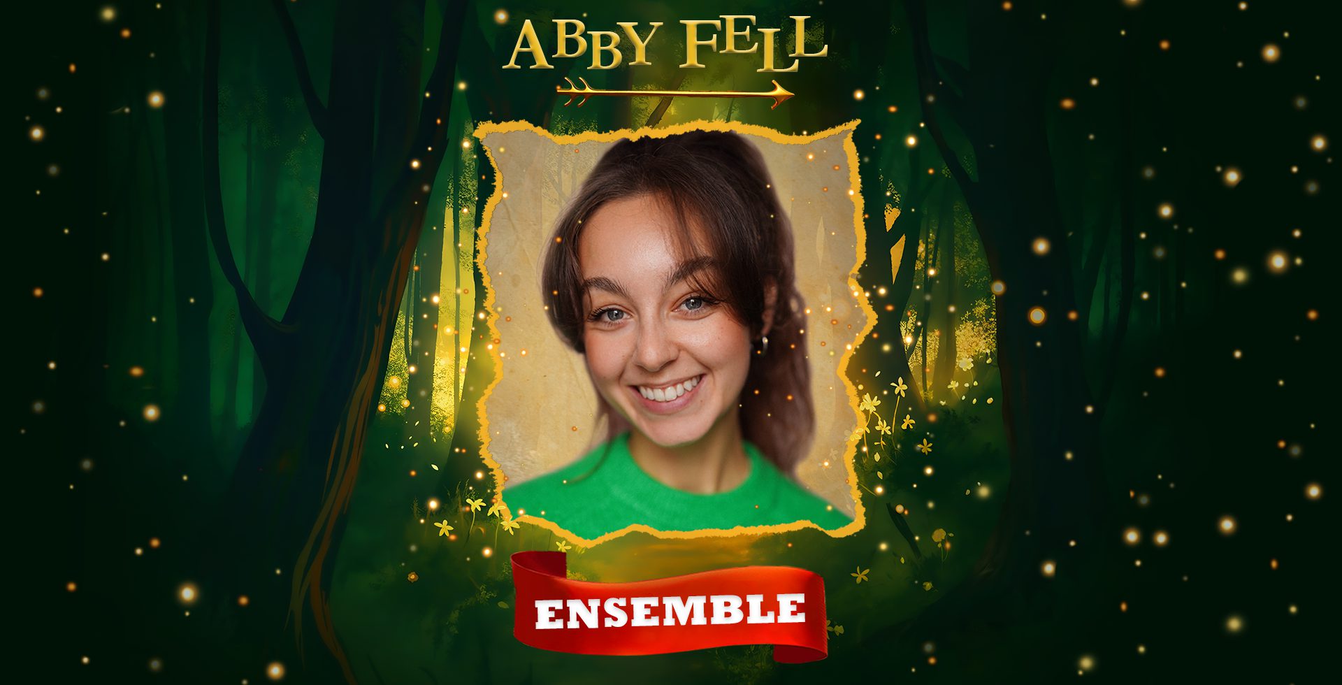 An image of a woman against a forest backdrop. Text Reads 'Abby Fell, Ensemble'