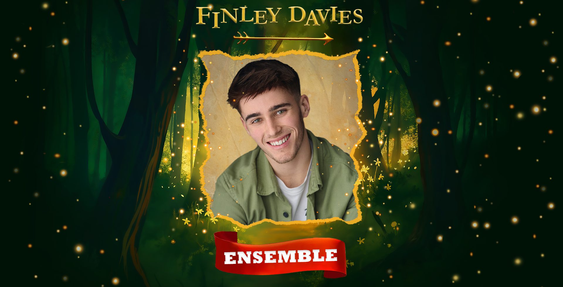 An image of a man against a forest backdrop. Text Reads 'Finley Davies, Ensemble'