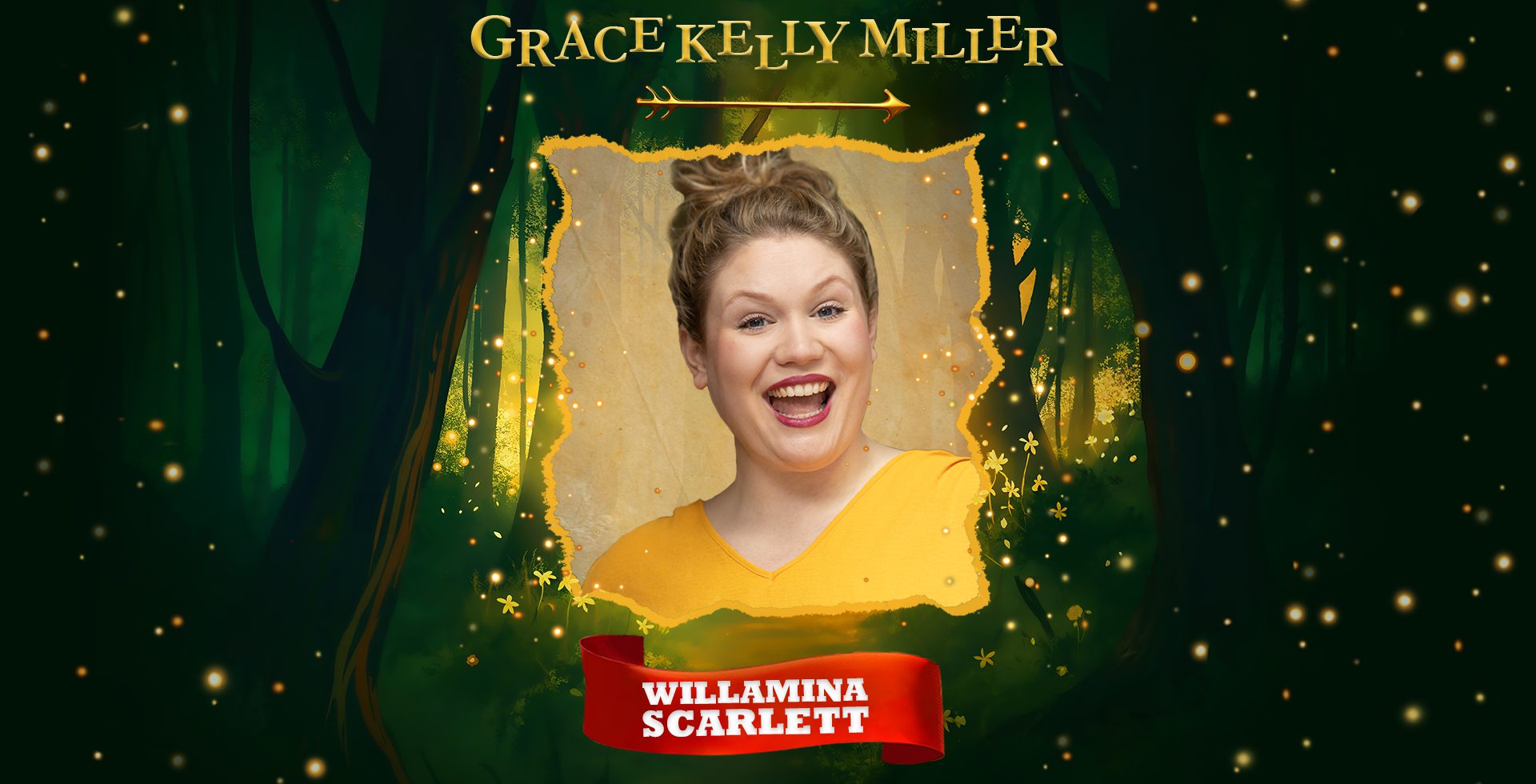 An image of a woman against a forest backdrop. Text Reads 'Grace Kelly Miller, Willamina Scarlett'