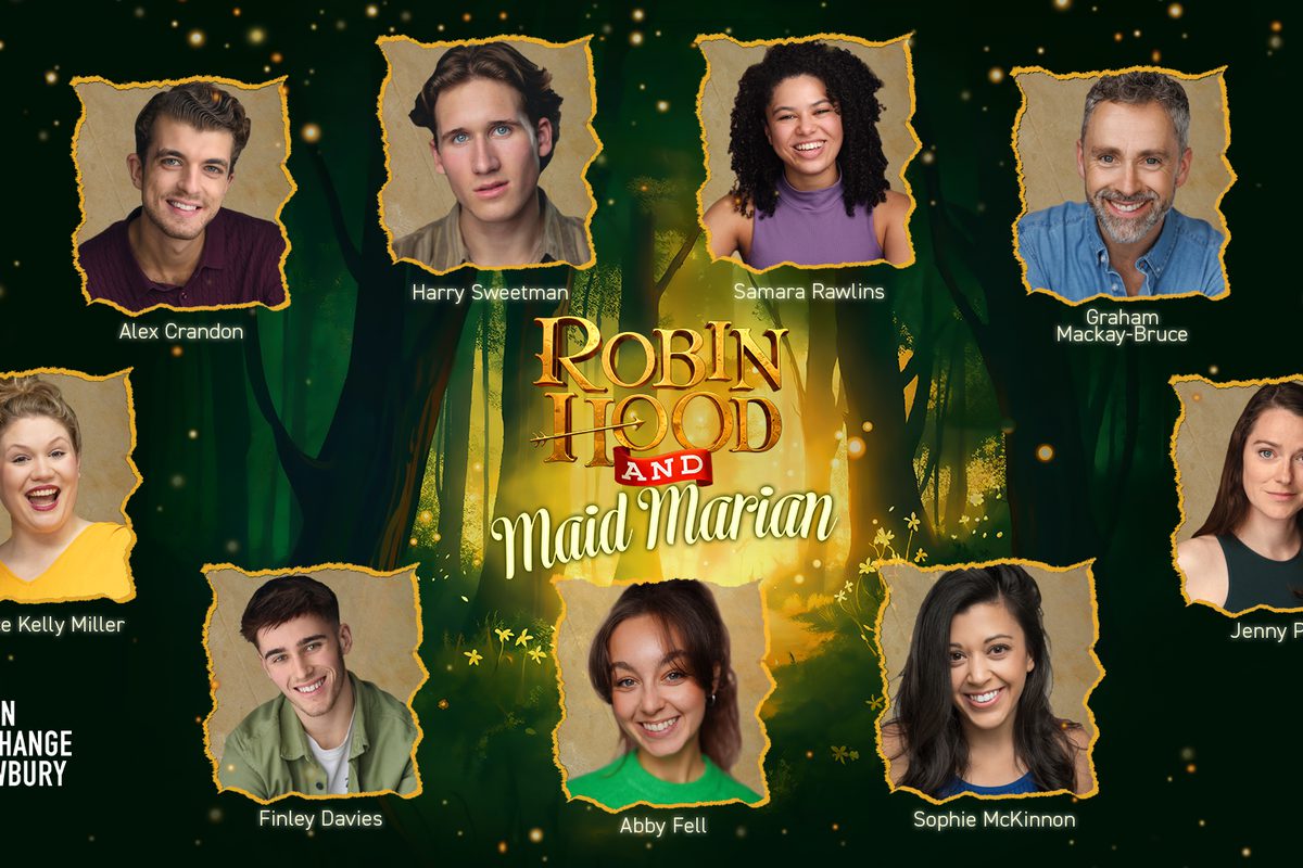 Text reads 'Robin Hood and Maid Marian' surrounded by images of men and women against a forest backdrop