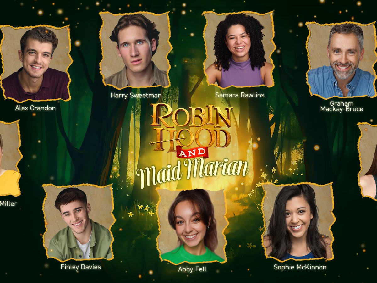 Text reads 'Robin Hood and Maid Marian' surrounded by images of men and women against a forest backdrop